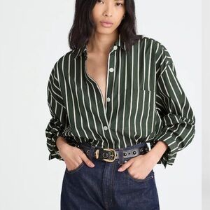 Madewell Dark Green and White Vertical Stripe Button-Up